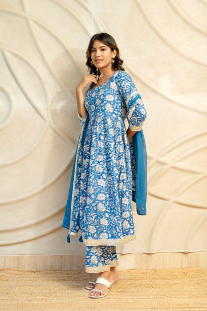 Blue Block Printed suit set ( Set Of 3 )