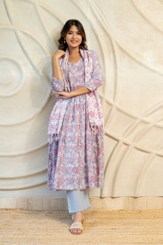 Lilac Block Printed Anarkali Suit Set (Set of 3)