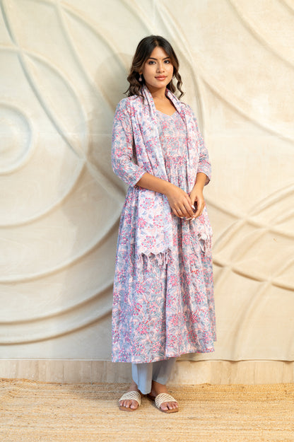 Lilac Block Printed Anarkali Suit Set (Set of 3)