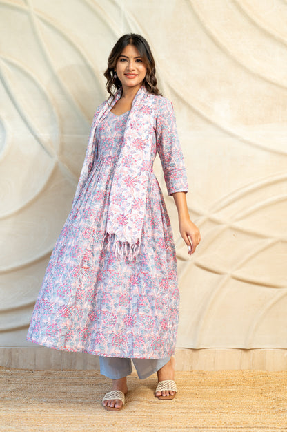 Lilac Block Printed Anarkali Suit Set (Set of 3)