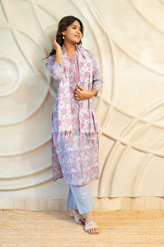 Purple Block Printed Suit Set with Scarf ( Set of 3 )