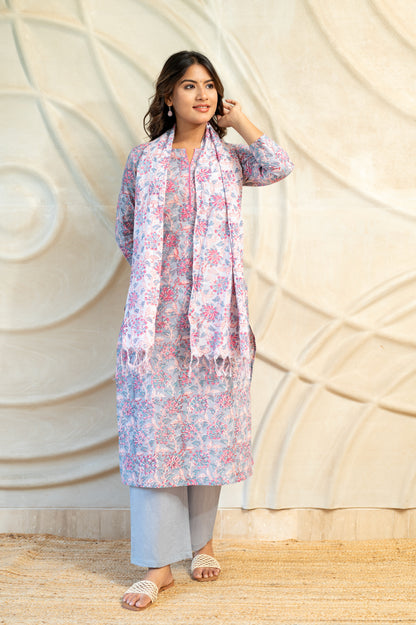 Purple Block Printed Suit Set with Scarf ( Set of 3 )