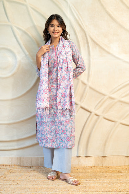 Purple Block Printed Suit Set with Scarf ( Set of 3 )