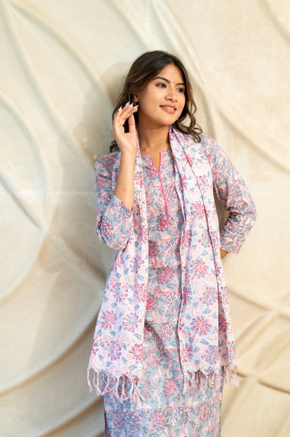 Purple Block Printed Suit Set with Scarf ( Set of 3 )