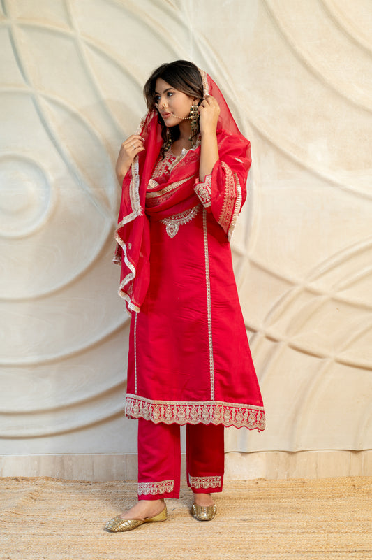 Royalty Red Silk Suit Set ( Set of 3 )