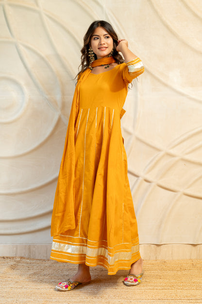 Mustard Yellow Detailed back Kurti With Dupatta ( Set of 2 )