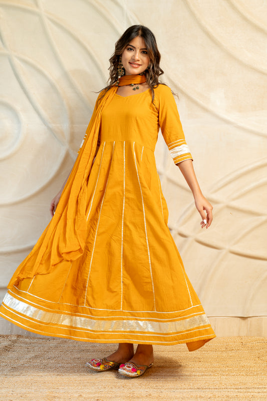 Mustard Yellow Detailed back Kurti With Dupatta ( Set of 2 )