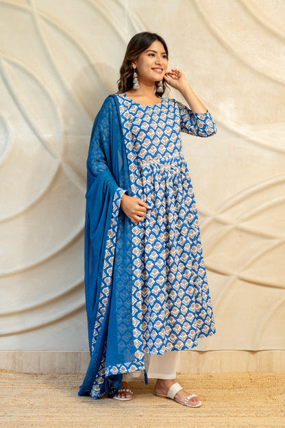 Blue White Hand Block Printed suit set ( Set of 3 )