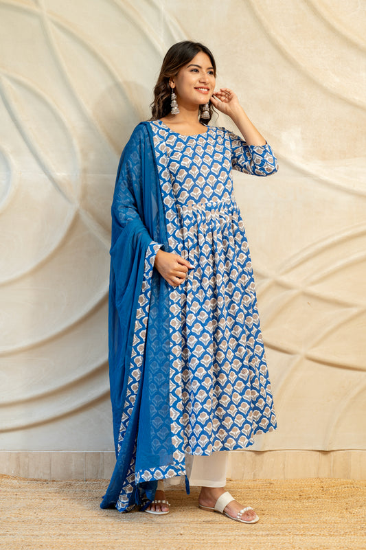 Blue White Hand Block Printed suit set ( Set of 3 )