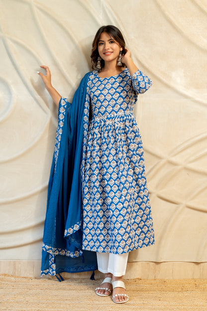 Blue White Hand Block Printed suit set ( Set of 3 )