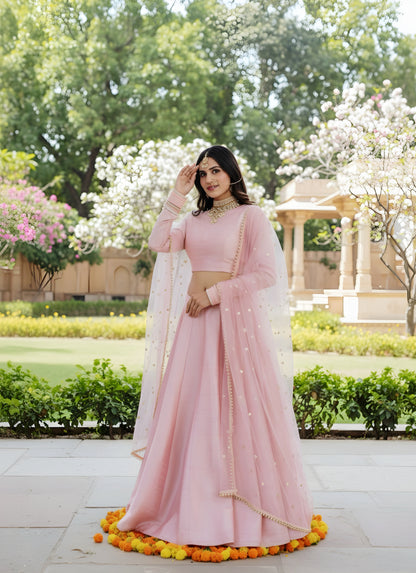 Blush Petal Lengha in Raw Silk