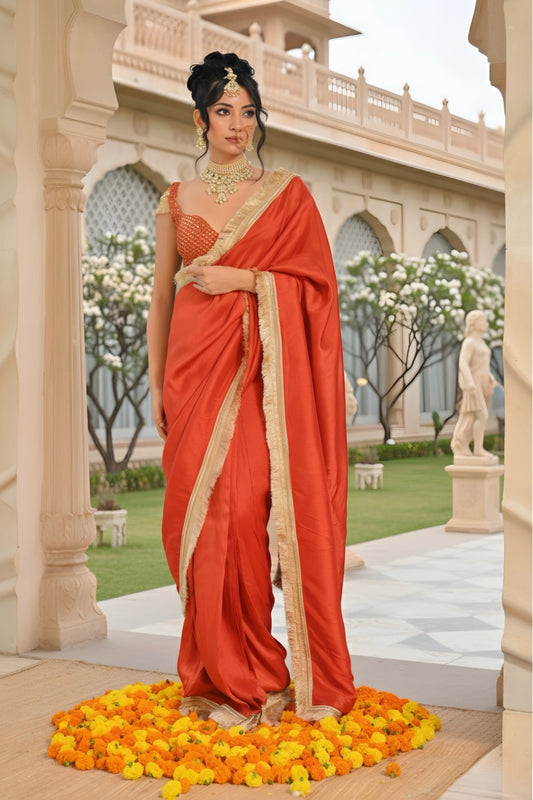 Ruhani Rust Orange Raw Silk Stitched Saree