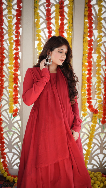 Red Churidaar sleeves Anarkali Suit Set ( set of 3 )