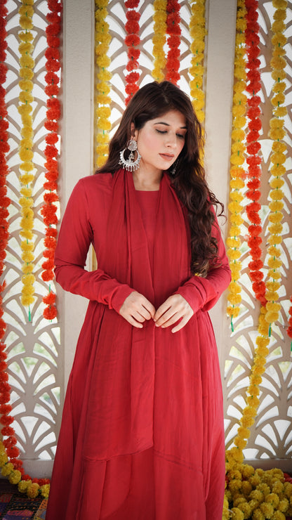 Red Churidaar sleeves Anarkali Suit Set ( set of 3 )