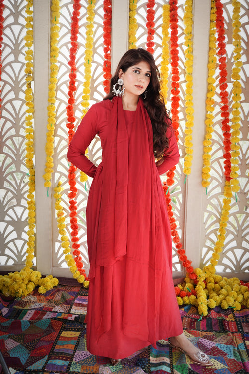 Red Churidaar sleeves Anarkali Suit Set ( set of 3 )
