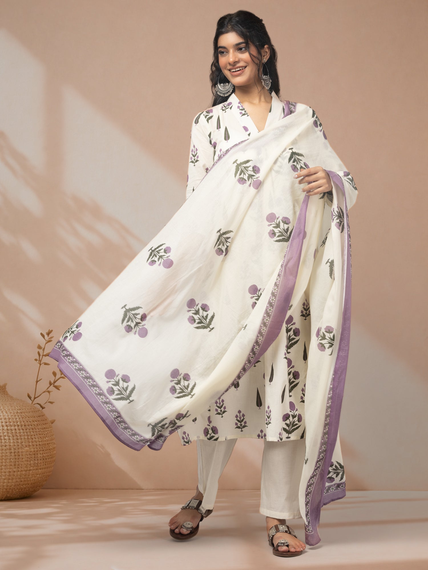 Buy kurti set with dupatta in elegant ivory shade
