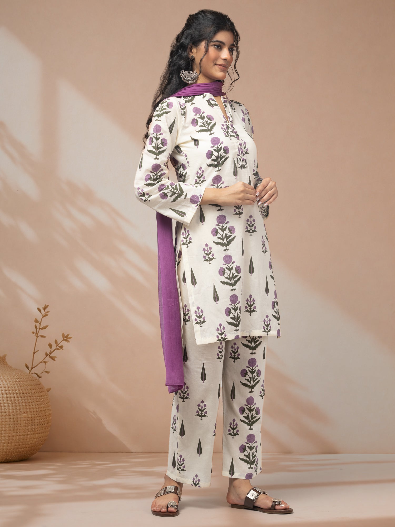 Purchase cotton suit set for women in lavender color
