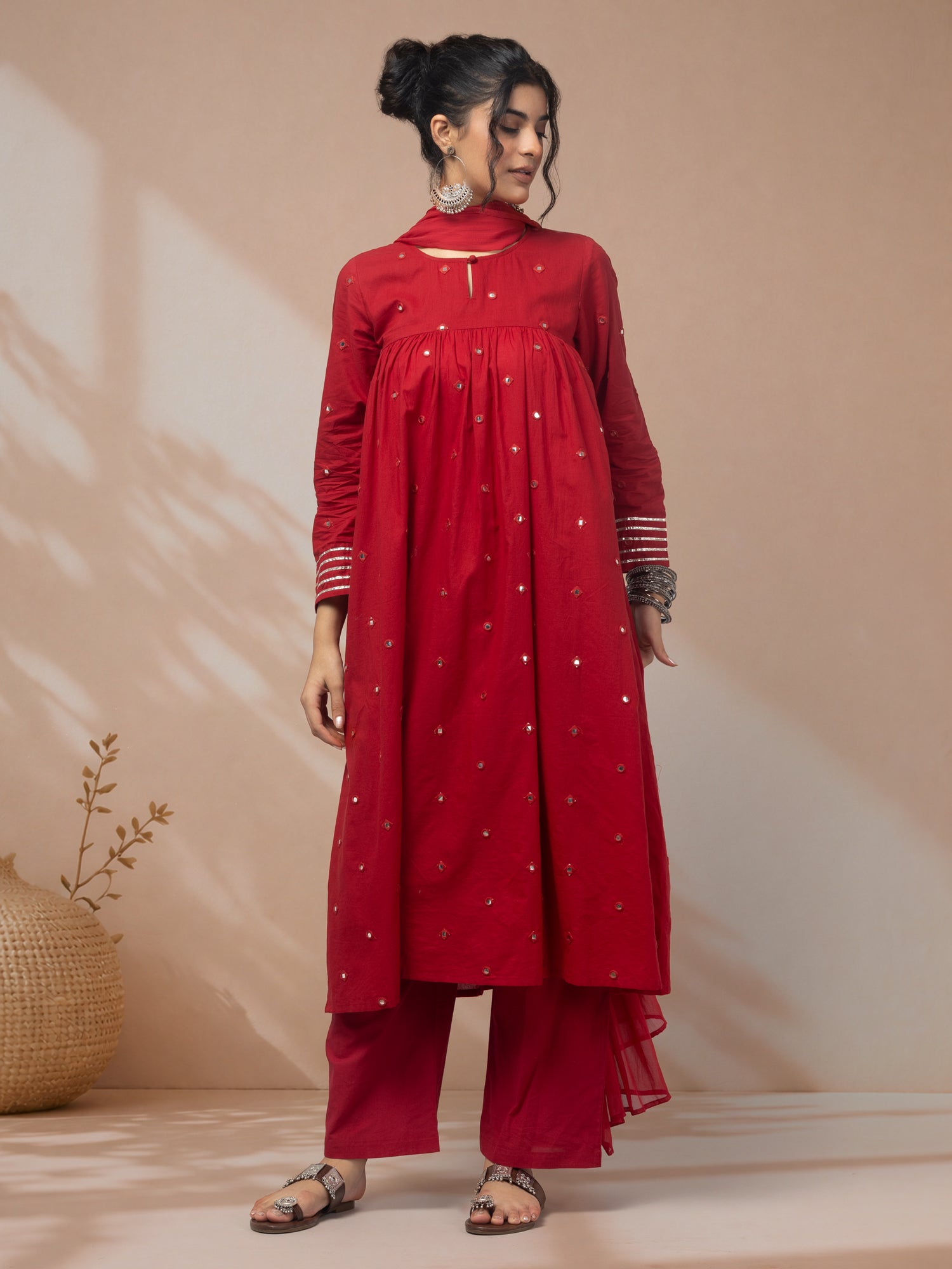 Purchase designer kurti set with dupatta in red
