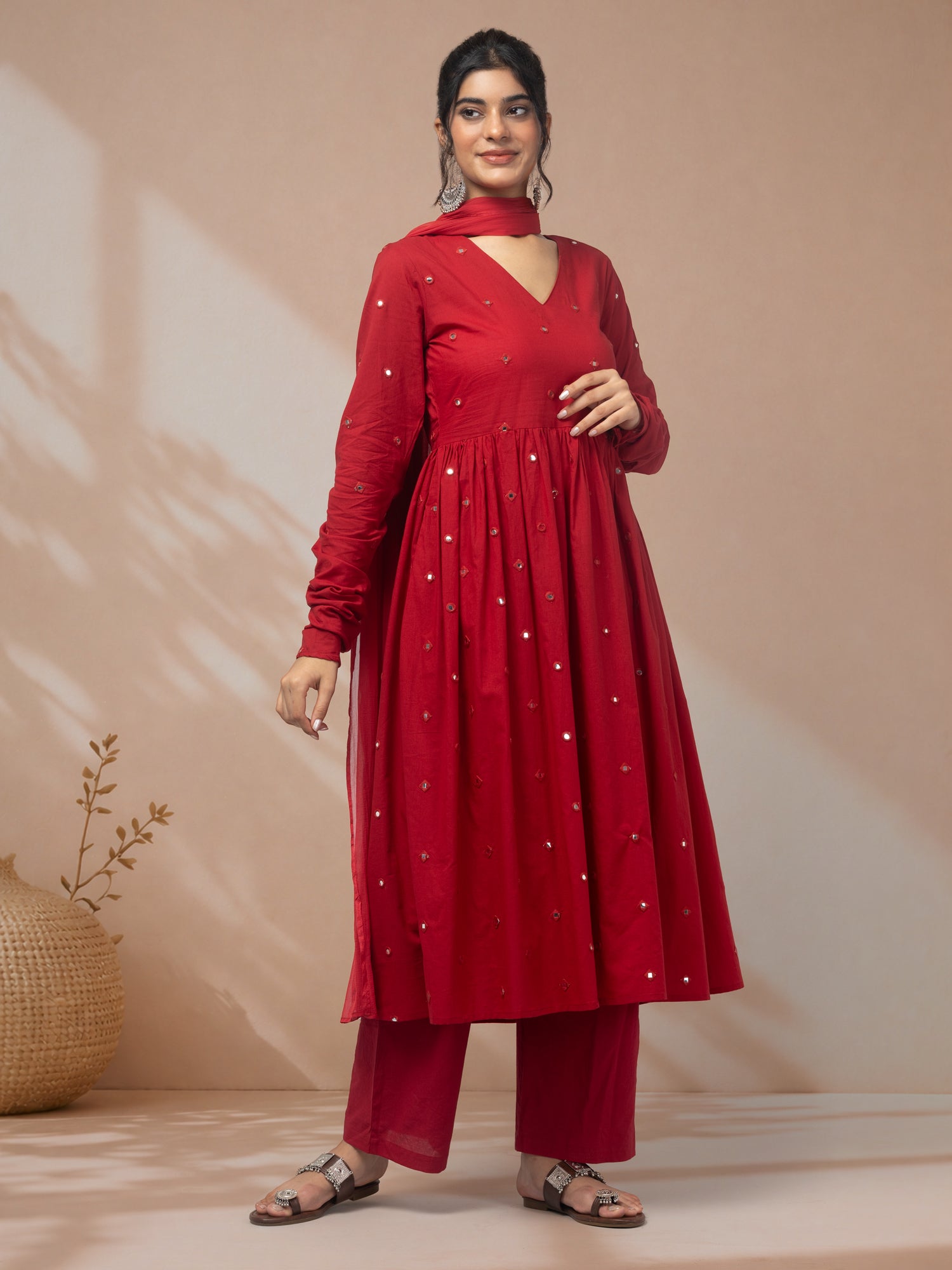 shop red kurti set with dupatta festive wear women
