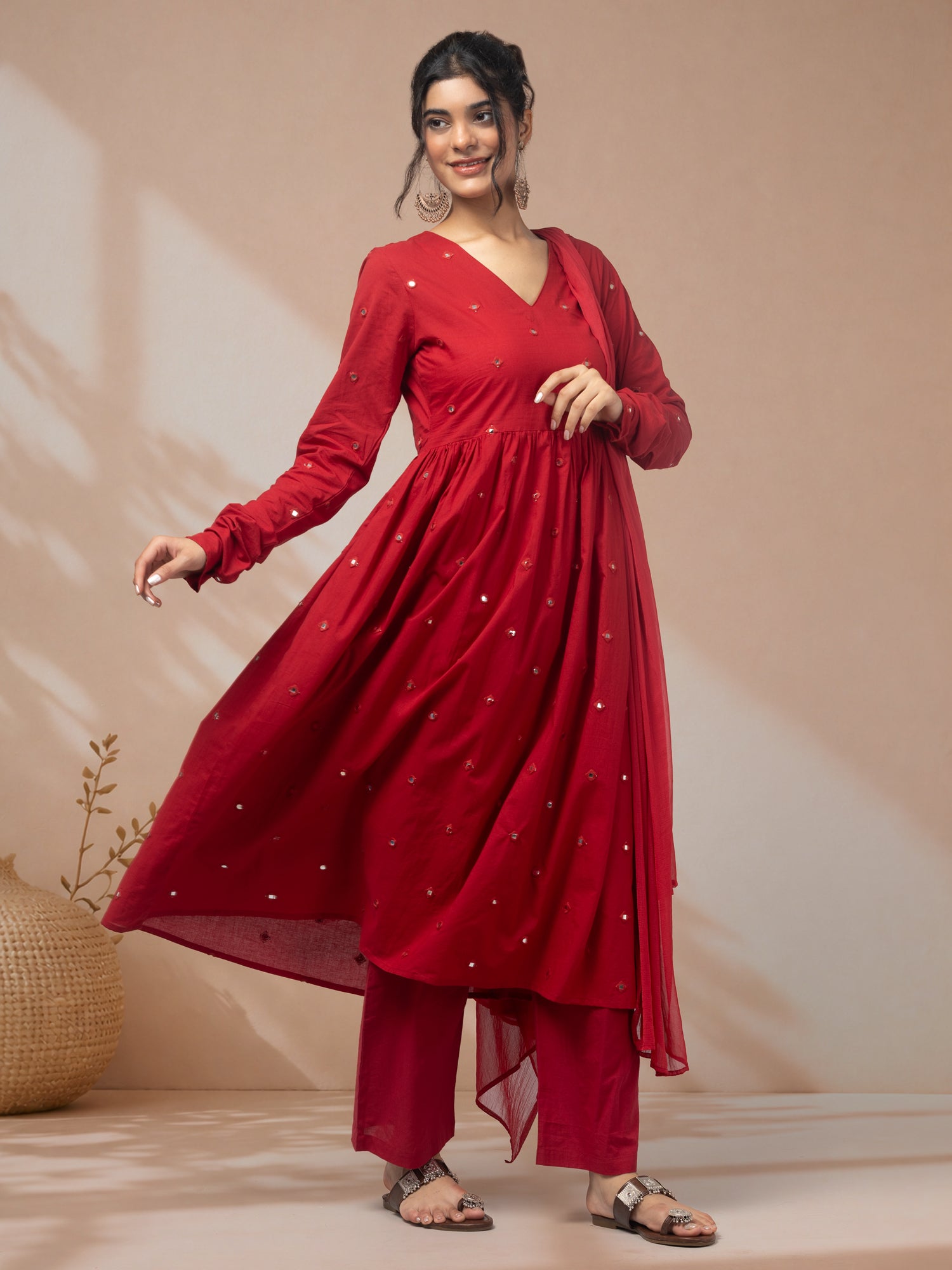 buy kurti set for women in red ethnic wear
