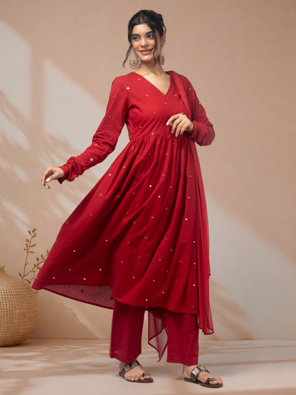 buy kurti set for women in red ethnic wear

