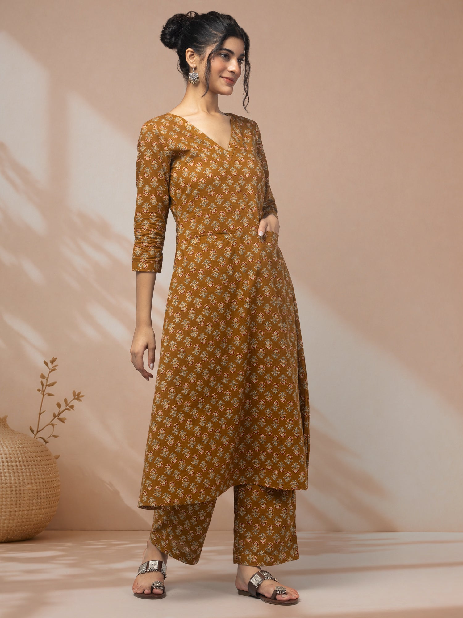 Buy dark yellow kurti co ord set for women cotton wear
