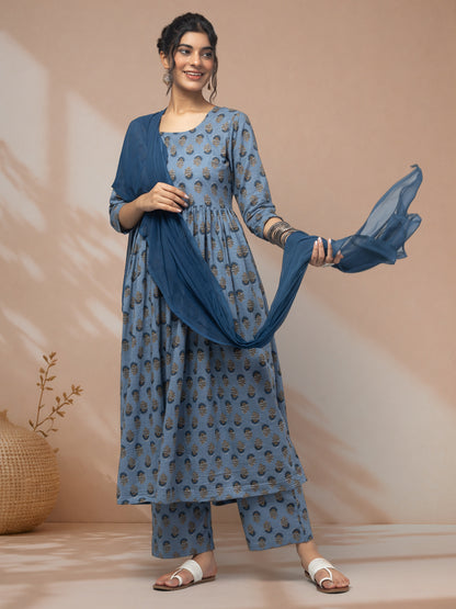 Buy blue kurti set for women with matching dupatta online
