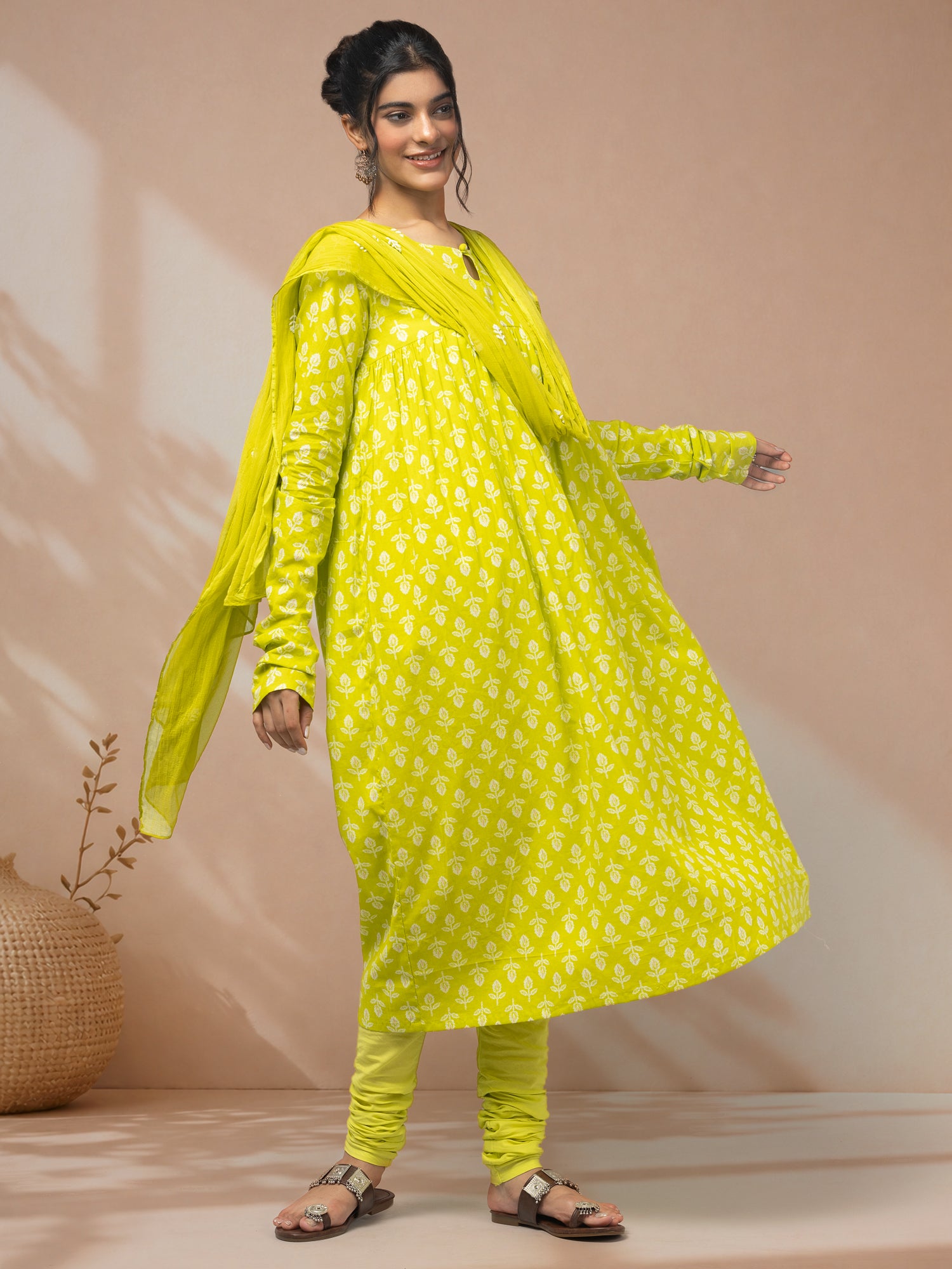shop yellow printed kurti set with dupatta 
