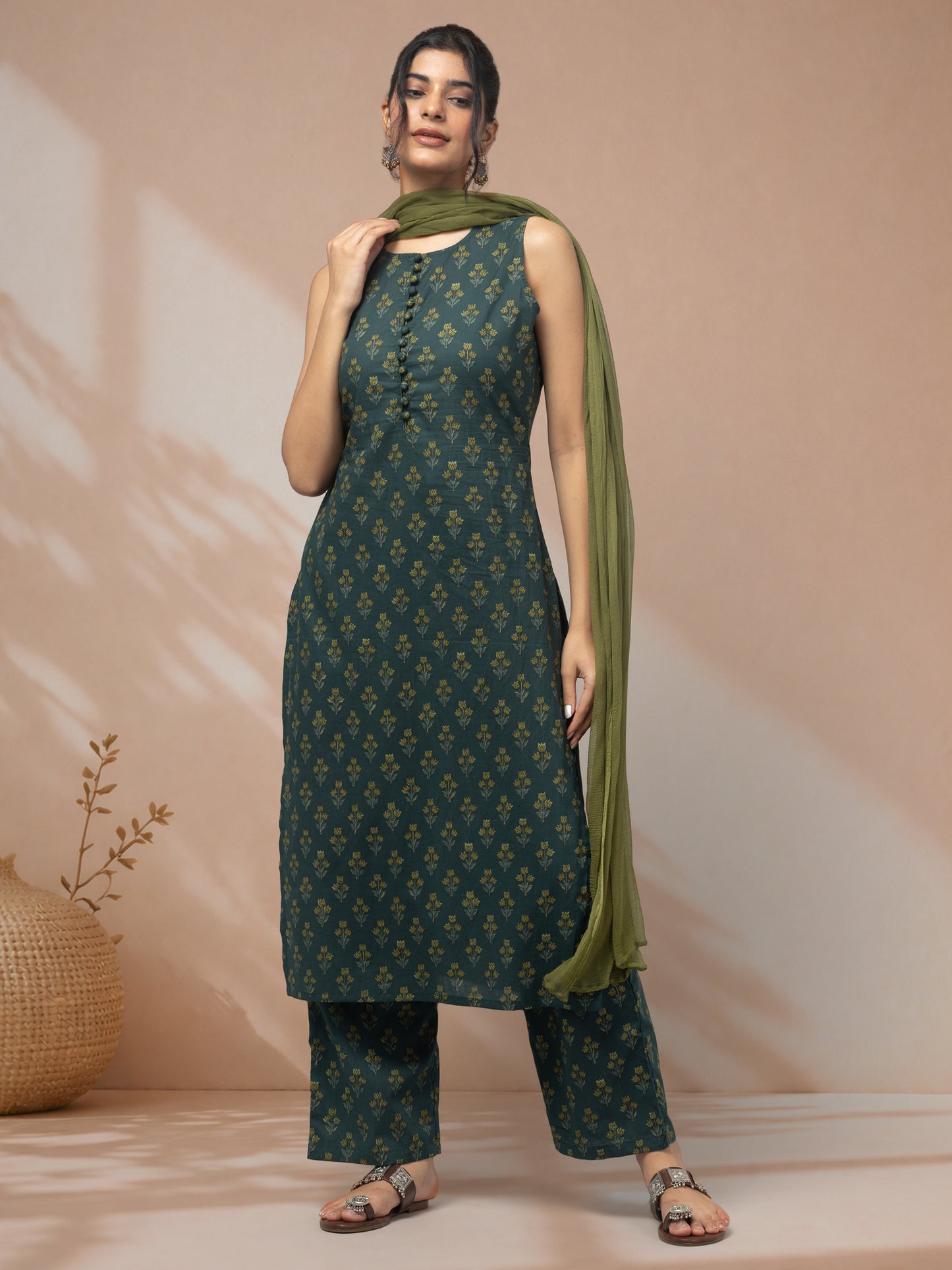 buy cotton green suit set for women
