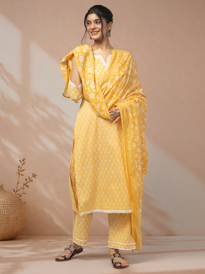 Shop designer kurta sets for women yellow floral print
