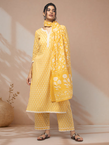 Buy yellow floral kurti set with dupatta for women online