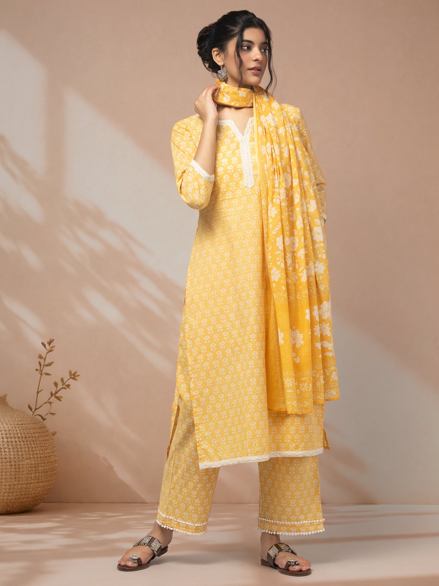 Shop yellow printed kurti set for women online Label Mae
