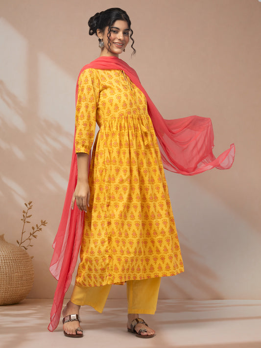 Shop cotton suit set for women yellow kurti set
