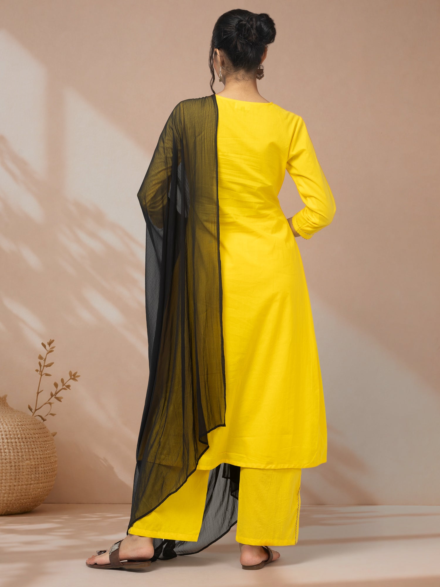 Shop Yellow Kurti Set With Black Dupatta 