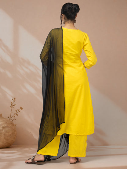 Shop Yellow Kurti Set With Black Dupatta 