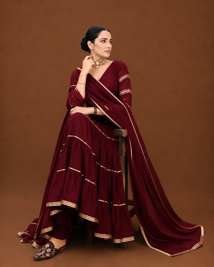 Noor Tiered Anarkali Suit Set – Wine
