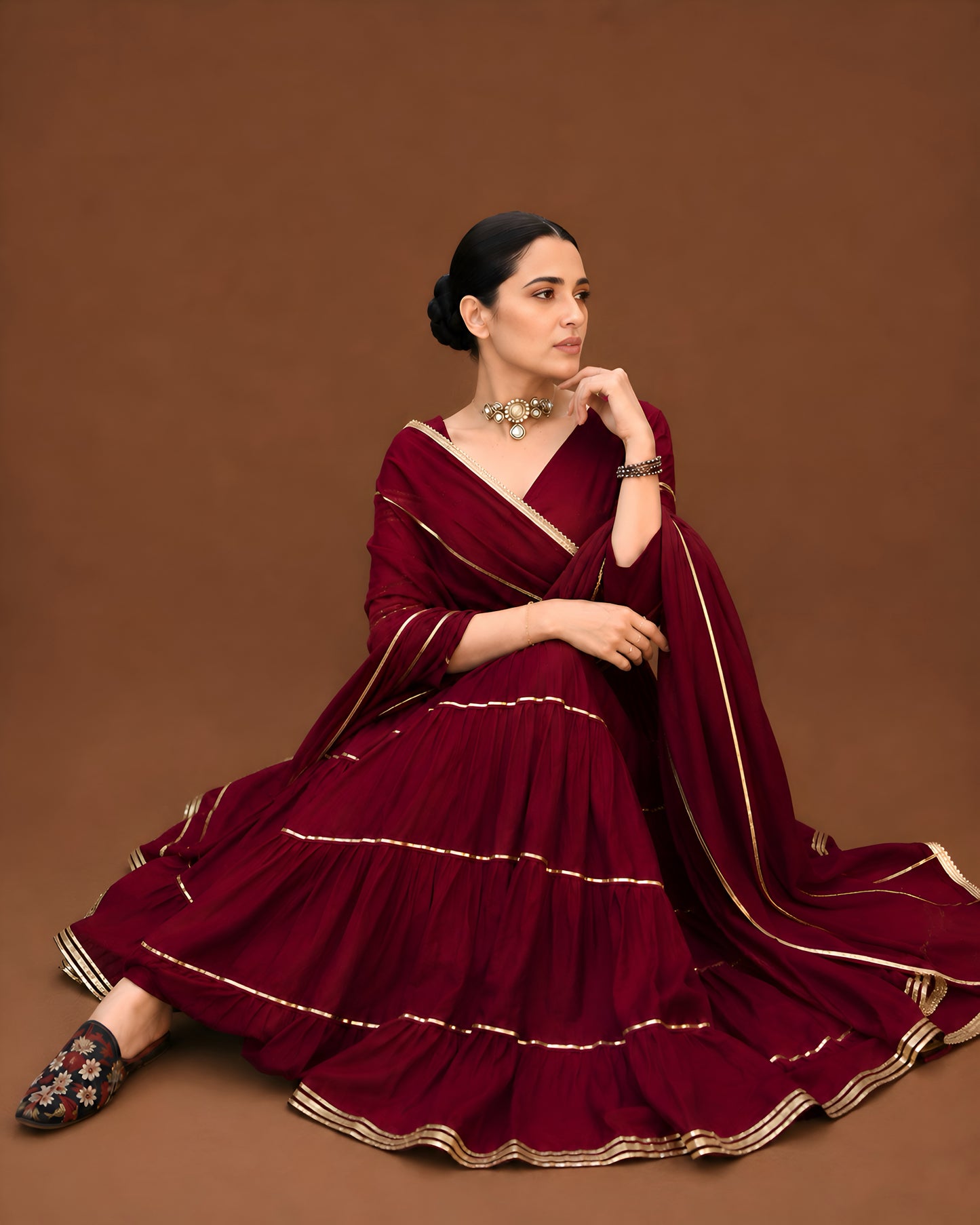 Noor Tiered Anarkali Suit Set – Wine