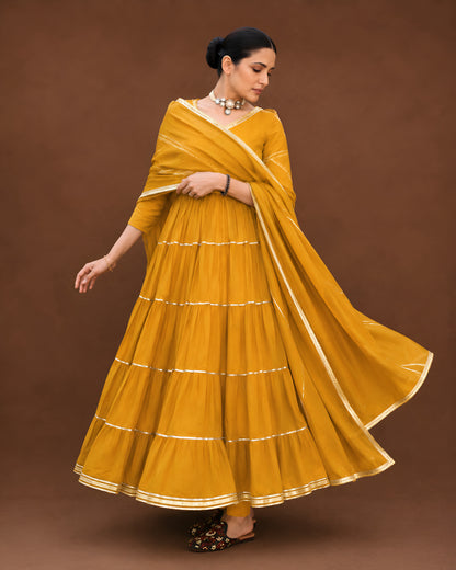 Zarina Tiered Anarkali Suit Set – Mustard