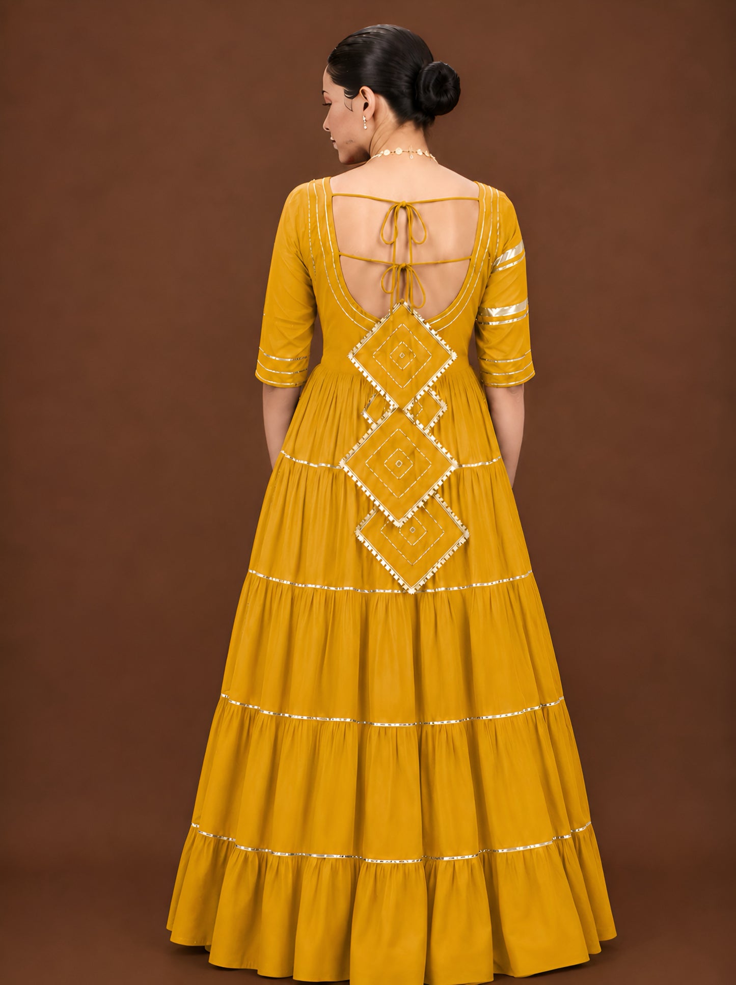 Zarina Tiered Anarkali Suit Set – Mustard