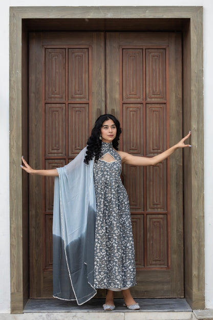 Bagru Print Anarkali Suit Set In Sterling Grey