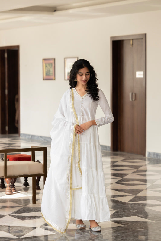 white Anarkali Suit Set Comes With Embellished Dupatta And Bottom