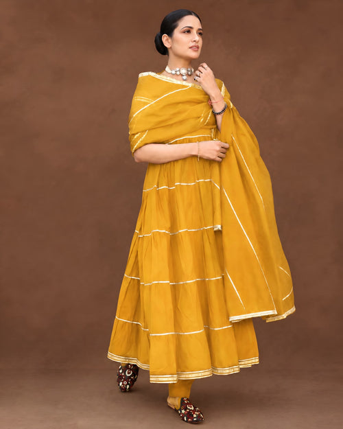 Zarina Tiered Anarkali Suit Set – Mustard
