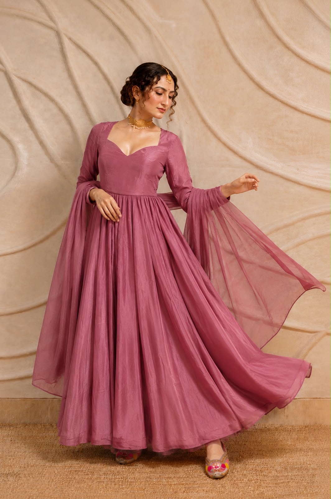 Dusty Mauve Satin Silk Anarkali Set