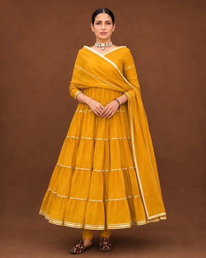 Zarina Tiered Anarkali Suit Set – Mustard